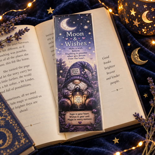 Blue Moon Gonk Bookmark featuring a gonk holding a lantern under a crescent moon with the words Moon and Wishes and inspirational quotes