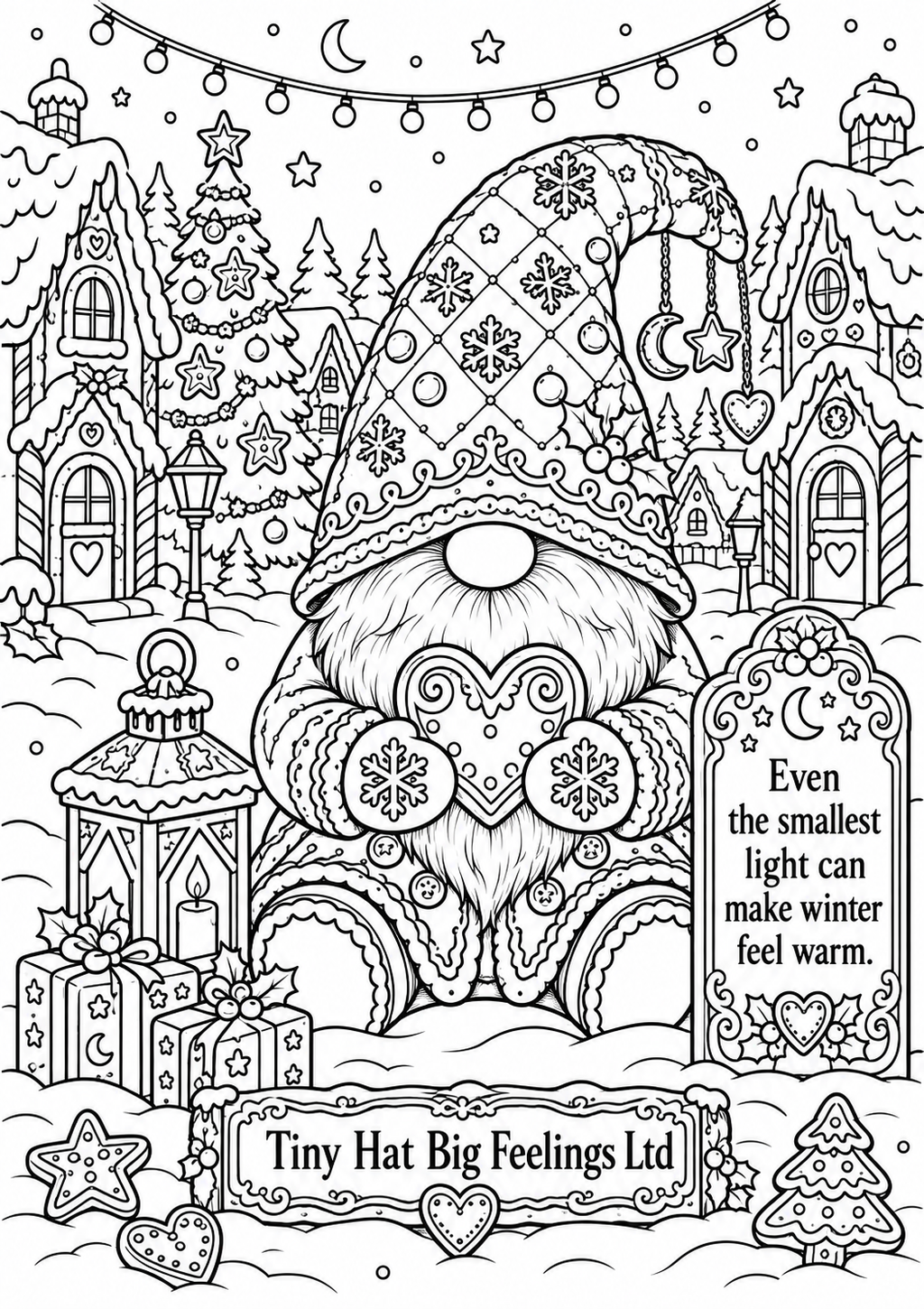 Detailed Christmas gonk colouring page featuring a snowy village, gingerbread houses and the quote: Even the smallest light can make winter feel warm